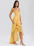 Sweetheart Spaghetti Strap Ruched Waterfall Ruffle Front Split Maxi Gown