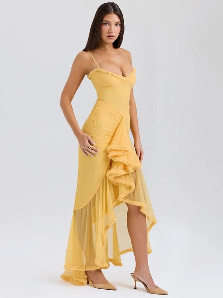 Spaghetti Strap Sweetheart Ruched Cascading Ruffle Front Slit Maxi Gown