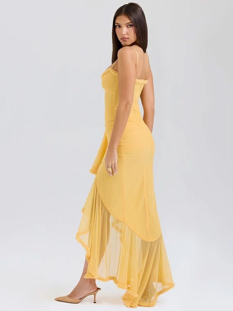 Spaghetti Strap Sweetheart Ruched Cascading Ruffle Front Slit Maxi Gown