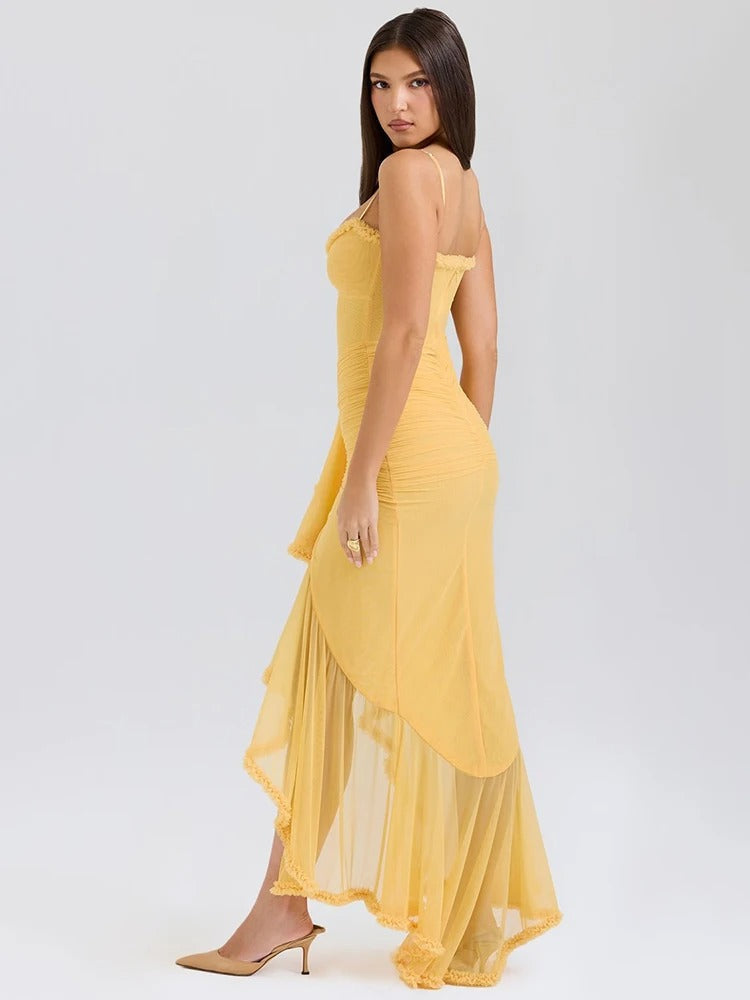 Sweetheart Spaghetti Strap Ruched Waterfall Ruffle Front Split Maxi Gown