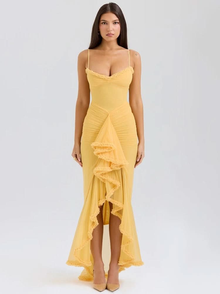 Spaghetti Strap Sweetheart Ruched Cascading Ruffle Front Slit Maxi Gown