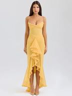 Sweetheart Spaghetti Strap Ruched Waterfall Ruffle Front Split Maxi Gown