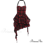 Mall Goth Lolita Red Plaid Streetwear Harajuku Punk Y2K E-girl High Waist IrRegular Gothic Dress