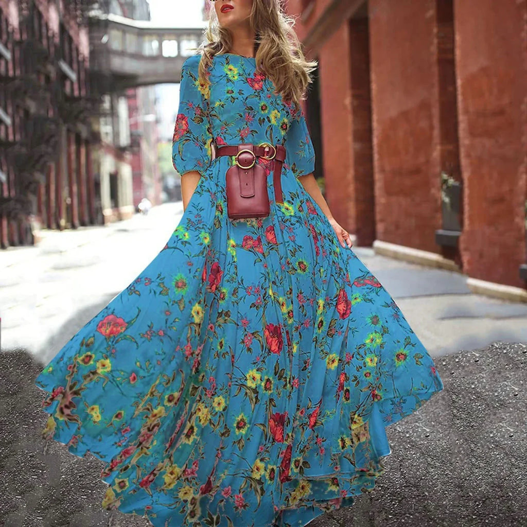 Maxi Dress Flower Print Pleated Swing Evening Dress