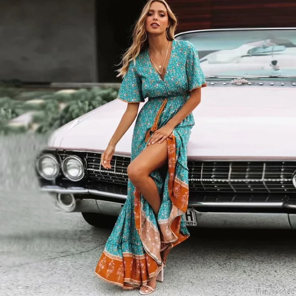 Maxi Dresses for Women Cotton Rayon Blue Floral Print Deep V-neck Boho Summer Dress