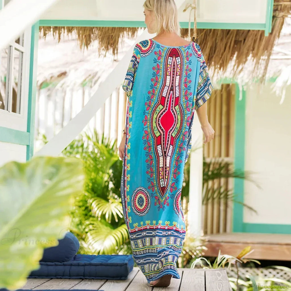 Maxi Kaftan Dress Rayon Ethnic Floral Print Beach Sundress