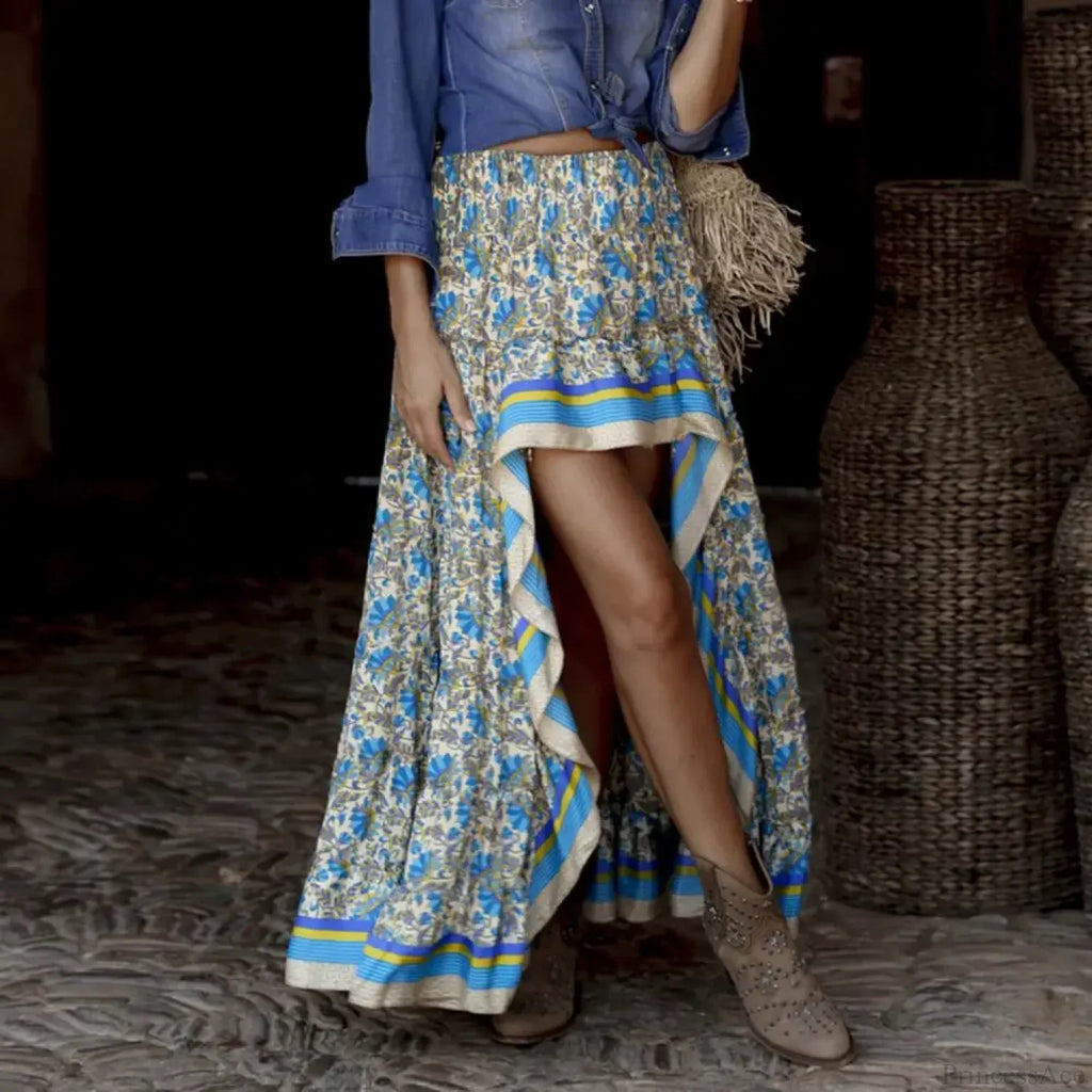 Maxi Skirt High Waist Irregular Hem Flower Print Bohemian