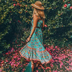 Maxi Strap Dress Green Rayon Floral Print Gypsy Summer Dress