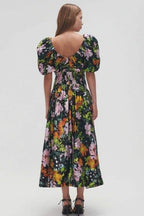 Melisa Premium Printed Midi Dress with V Neck and Puff Sleeves Elevated Occasion Wear