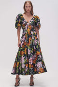 Melisa Premium Printed Midi Dress with V Neck and Puff Sleeves Elevated Occasion Wear