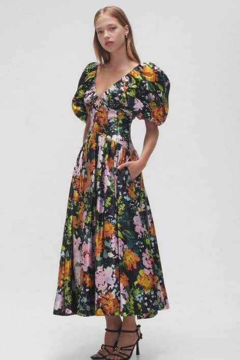 Xaviera Exclusive Printed Midi Dress with V Neck and Puff Sleeves Premium Wardrobe Essential