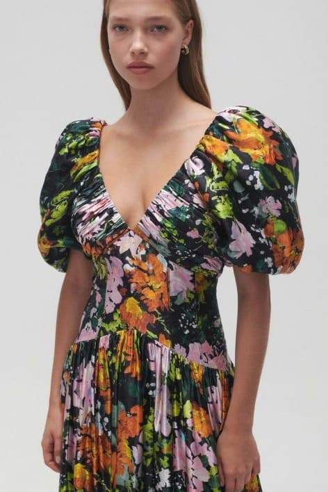 Xaviera Exclusive Printed Midi Dress with V Neck and Puff Sleeves Premium Wardrobe Essential