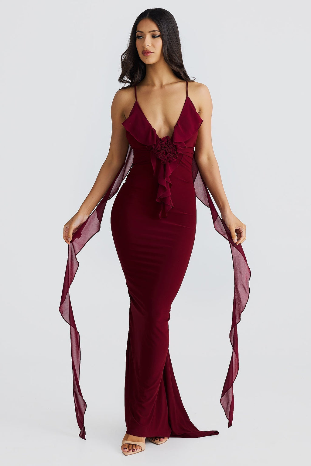 Plunging V-Neck Spaghetti Strap 3D Rosette Ruffle Side Streamer Maxi Gown