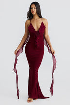 Plunging V-Neck Spaghetti Strap 3D Rosette Ruffle Side Streamer Maxi Gown