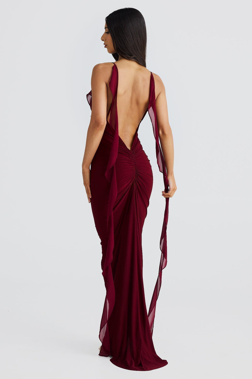 Plunging V-Neck Spaghetti Strap 3D Rosette Ruffle Side Streamer Maxi Gown
