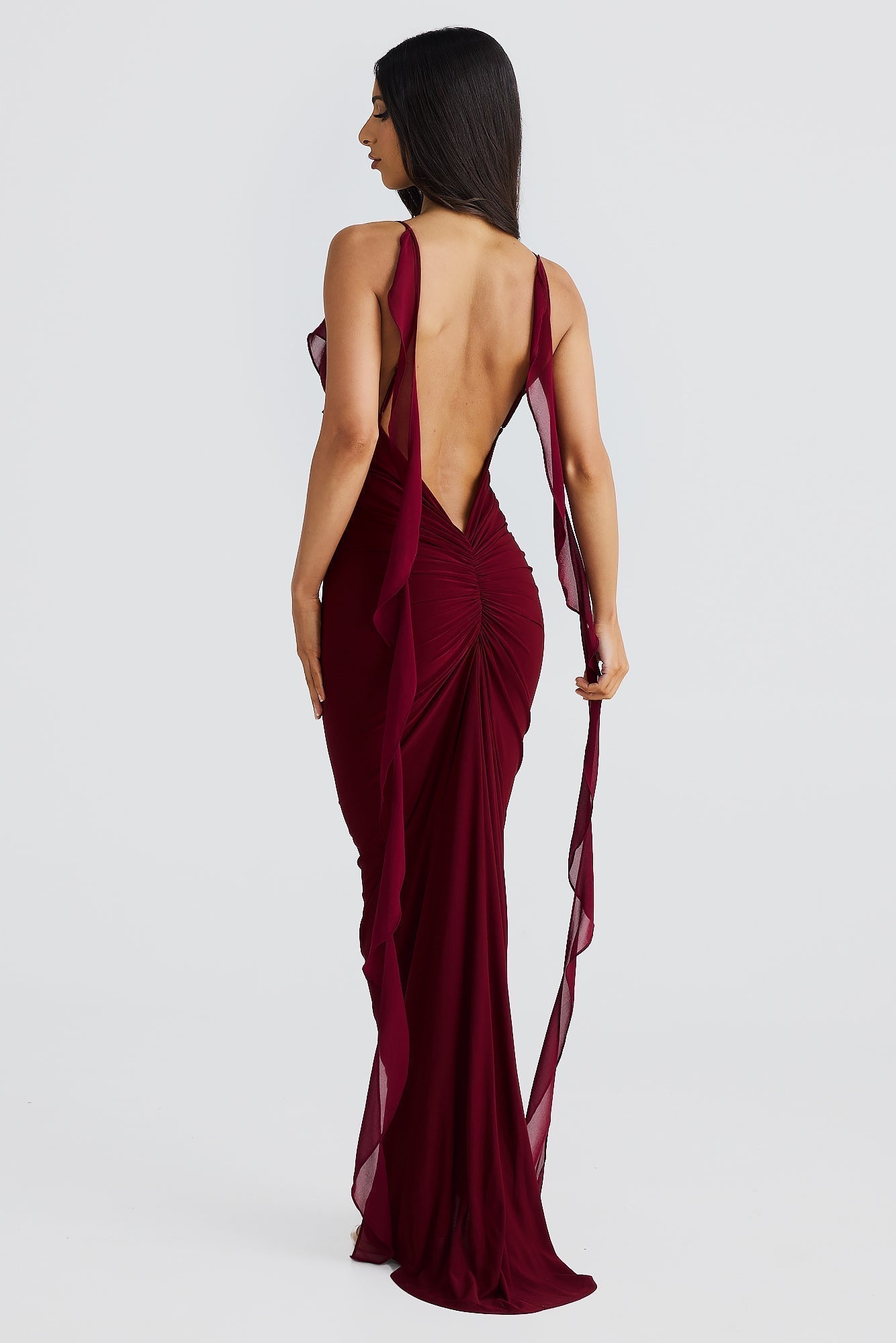 Plunging V-Neck Spaghetti Strap 3D Rosette Ruffle Side Streamer Maxi Gown