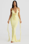 Plunging V-Neck Spaghetti Strap 3D Rosette Ruffle Side Streamer Maxi Gown