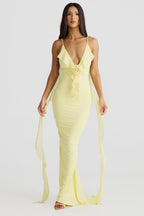 Plunging V-Neck Spaghetti Strap 3D Rosette Ruffle Side Streamer Maxi Gown
