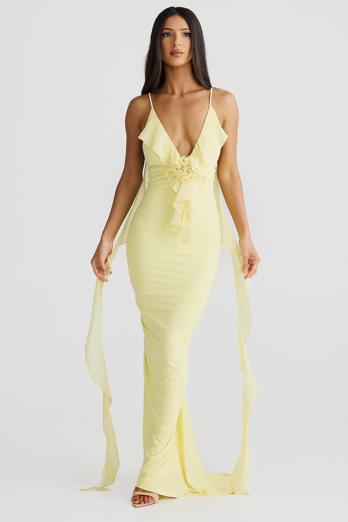 Plunging V-Neck Spaghetti Strap 3D Rosette Ruffle Side Streamer Maxi Gown