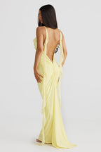 Plunging V-Neck Spaghetti Strap 3D Rosette Ruffle Side Streamer Maxi Gown