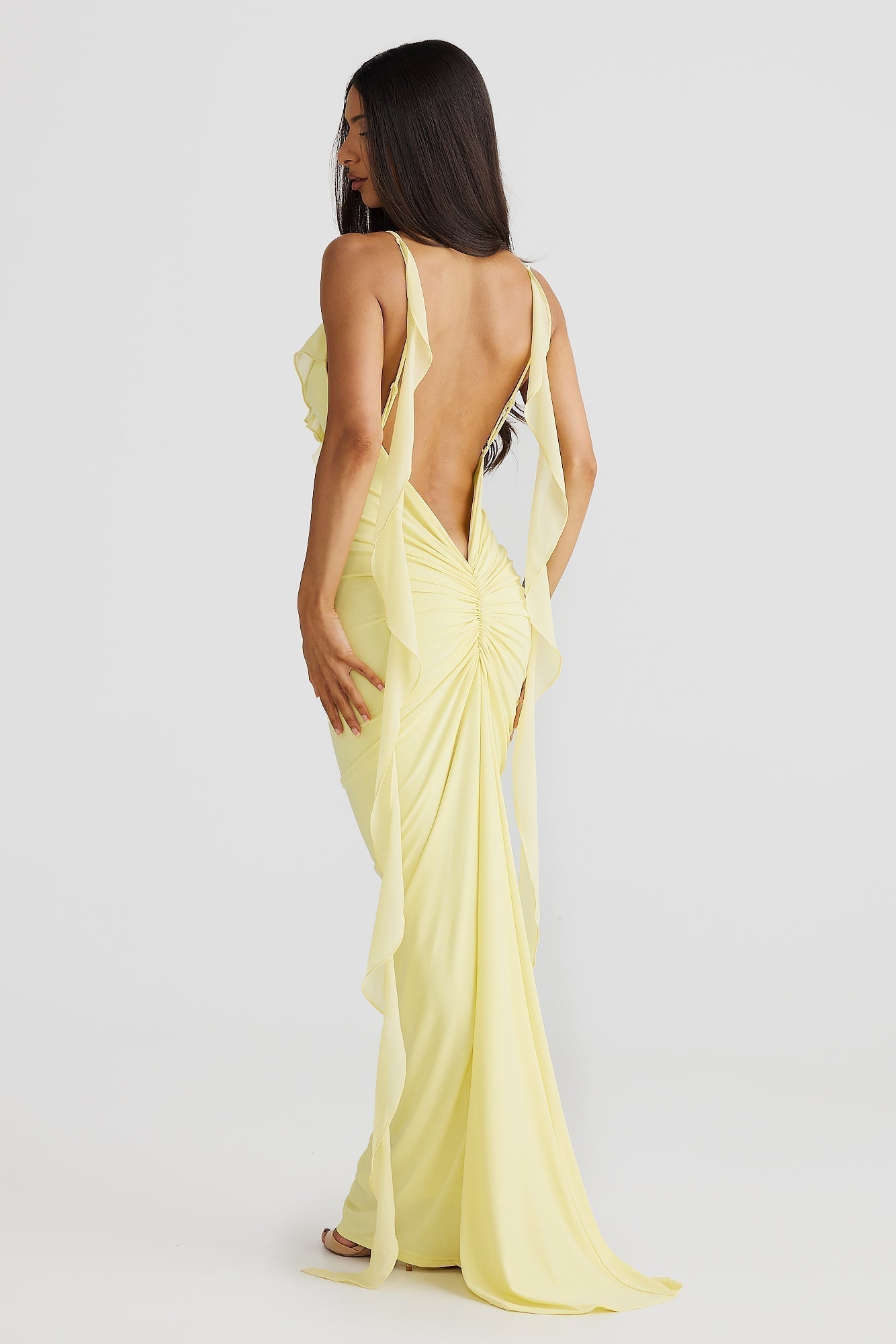 Plunging V-Neck Spaghetti Strap 3D Rosette Ruffle Side Streamer Maxi Gown