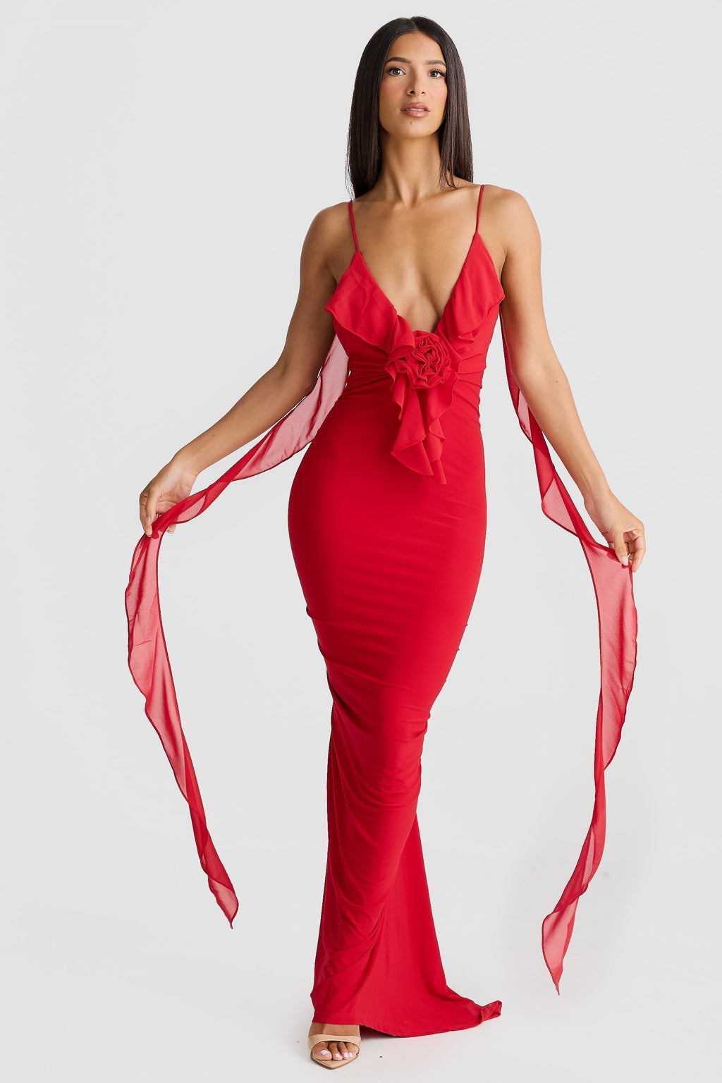 Plunging V-Neck Spaghetti Strap 3D Rosette Ruffle Side Streamer Maxi Gown