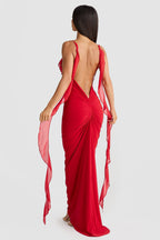 Plunging V-Neck Spaghetti Strap 3D Rosette Ruffle Side Streamer Maxi Gown