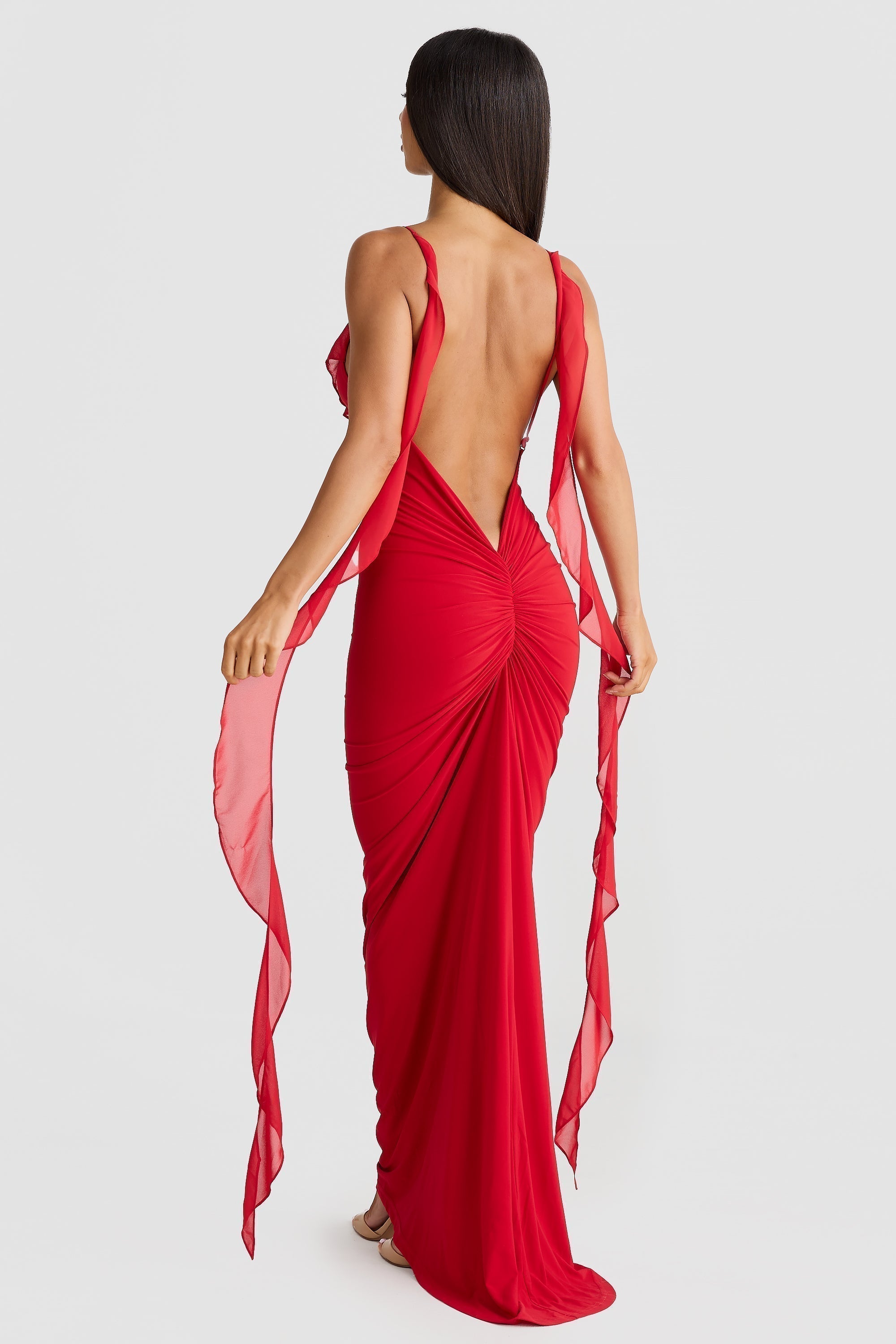 Plunging V-Neck Spaghetti Strap 3D Rosette Ruffle Side Streamer Maxi Gown