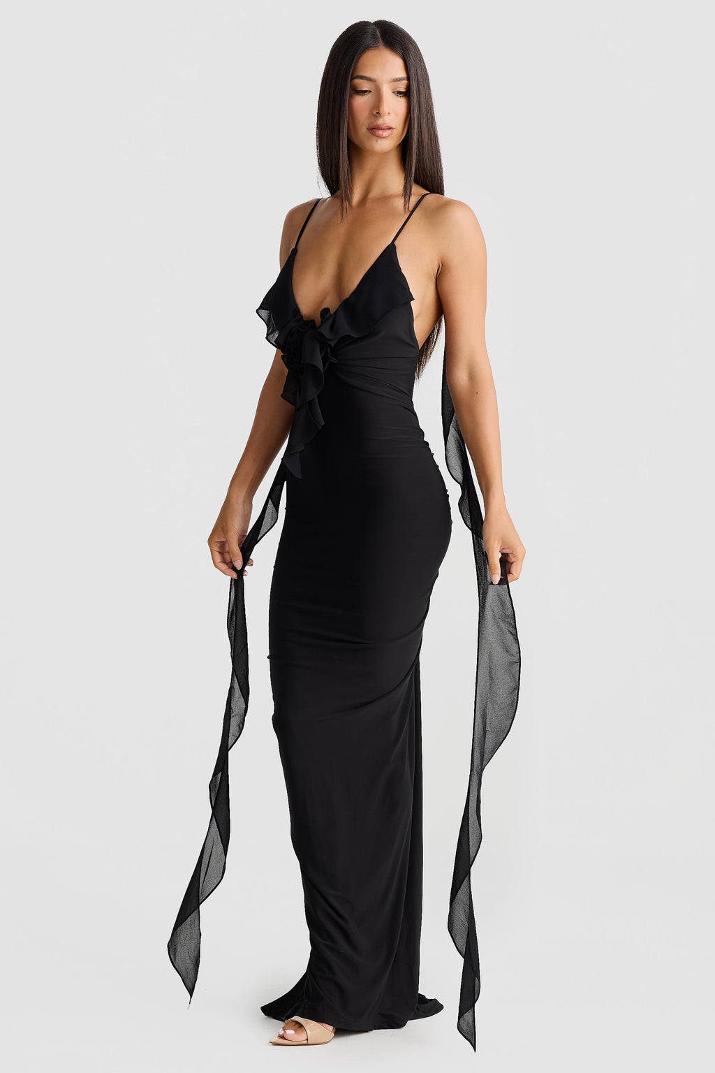 Plunging V-Neck Spaghetti Strap 3D Rosette Ruffle Side Streamer Maxi Gown
