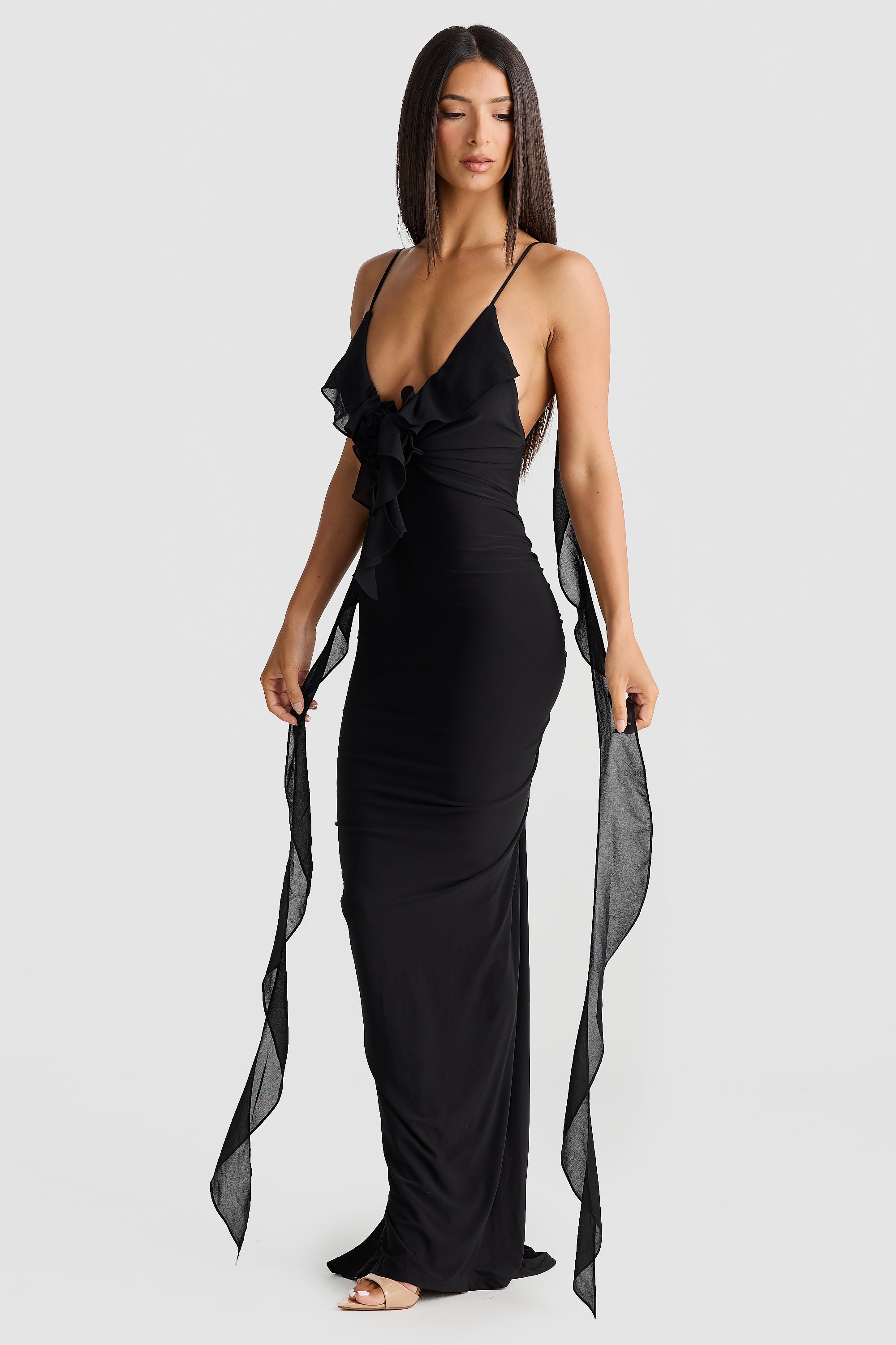 Plunging V-Neck Spaghetti Strap 3D Rosette Ruffle Side Streamer Maxi Gown