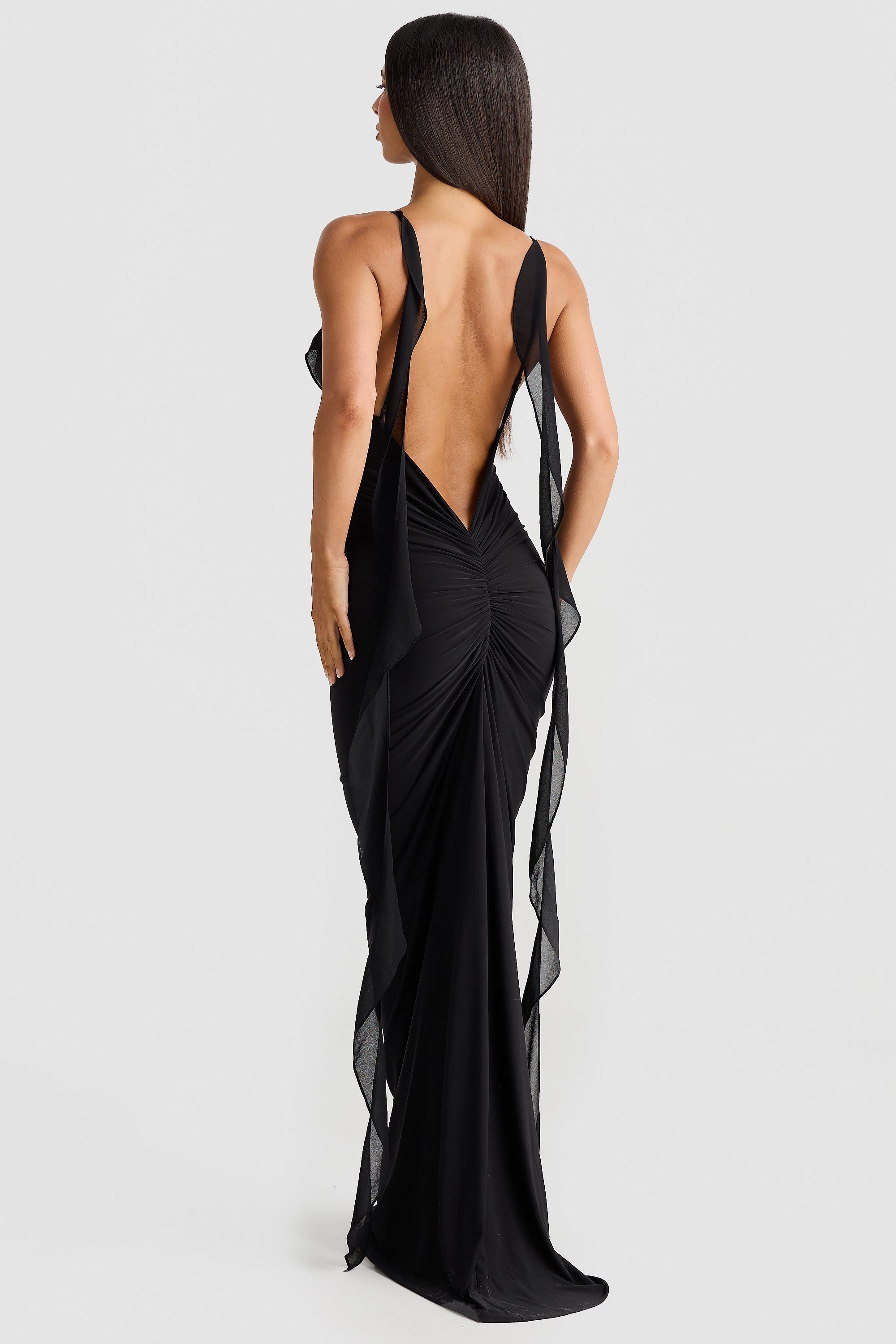 Plunging V-Neck Spaghetti Strap 3D Rosette Ruffle Side Streamer Maxi Gown