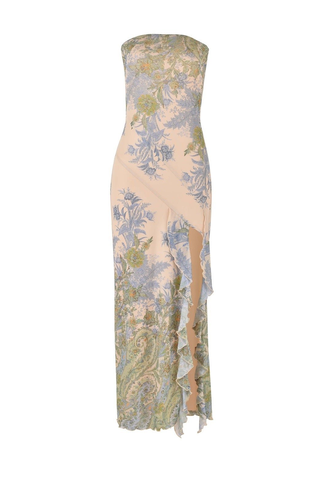 María Chic Eugenia Printed Strapless Midi Dress with Slit Elevated Occasion Wear