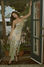 María Chic Eugenia Printed Strapless Midi Dress with Slit Elevated Occasion Wear