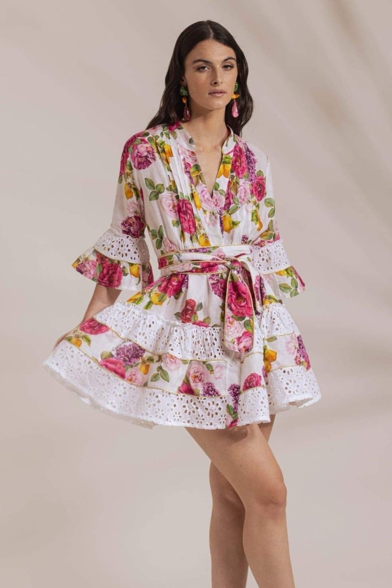 María Boutique José Printed Mini Dress with Ruffles and Lace Trim Statement Occasion Edit
