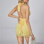 Yellow Mesh Deep V-Neck Mini Dress