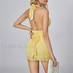 Yellow Mesh Deep V-Neck Mini Dress