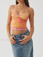 Mesh Graphic Bow Ruffle Crop Top