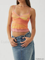Mesh Graphic Bow Ruffle Crop Top