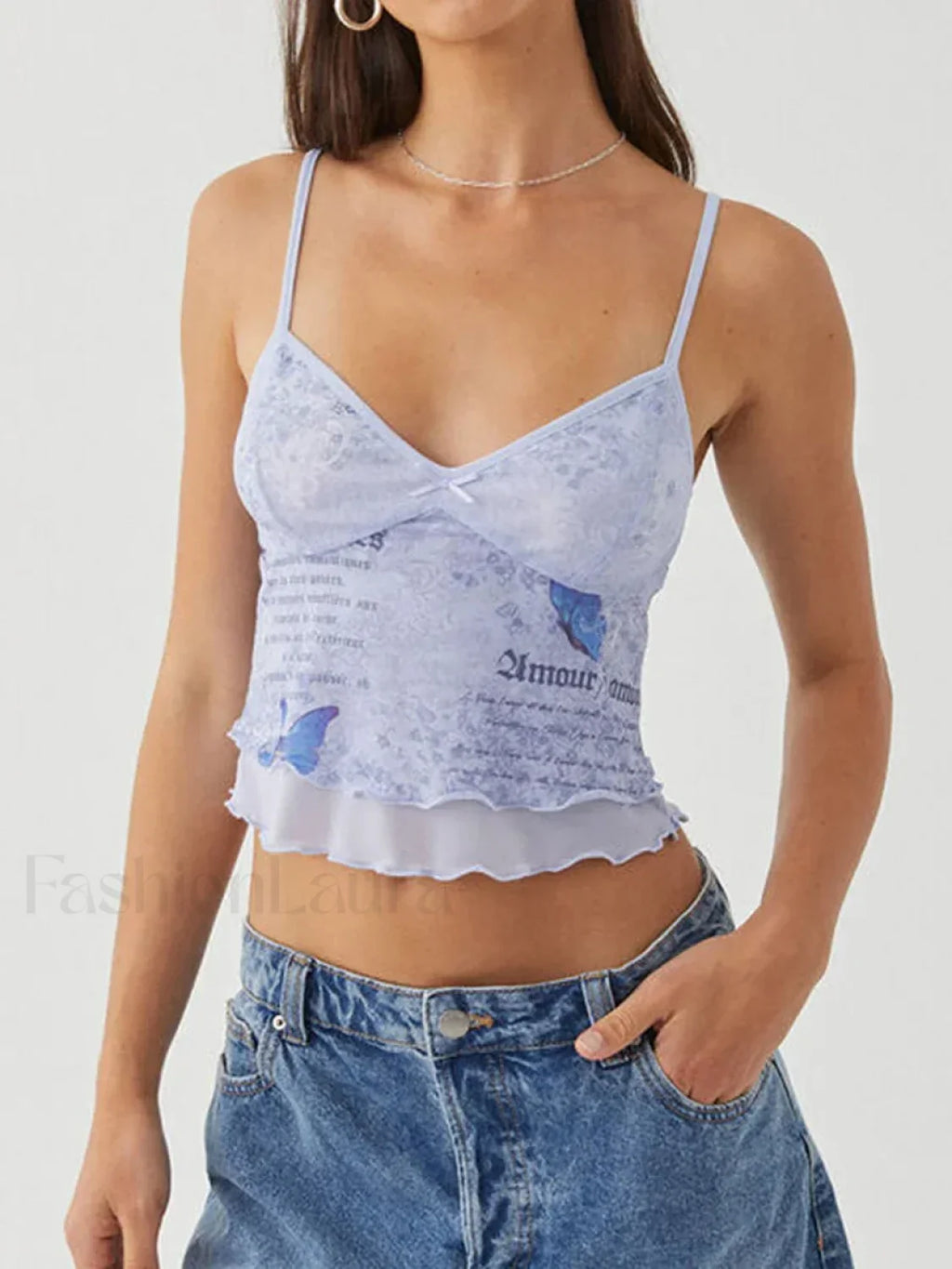 Mesh Graphic Bow Ruffle Crop Top
