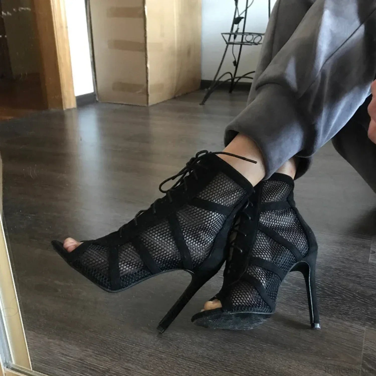 Mesh Hollow Lace-Up Sexy Cross-Tie Thin High Sandals Platform Dance High Heel