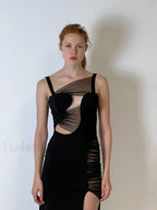 Black Mesh Hollow V-Neck Maxi Dress
