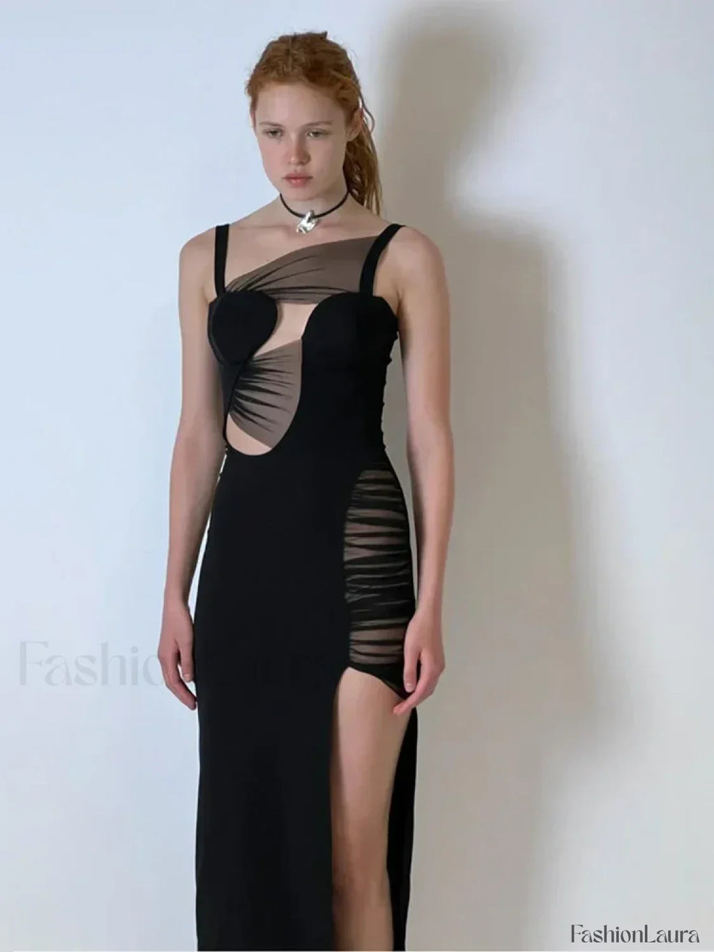 Black Mesh Hollow V-Neck Maxi Dress