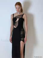 Black Mesh Hollow V-Neck Maxi Dress