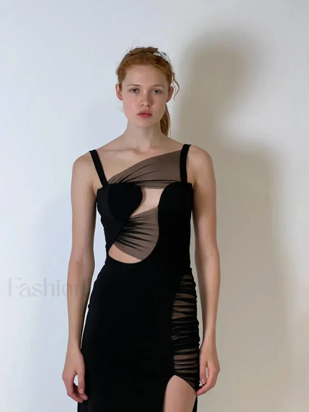 Black Mesh Hollow V-Neck Maxi Dress