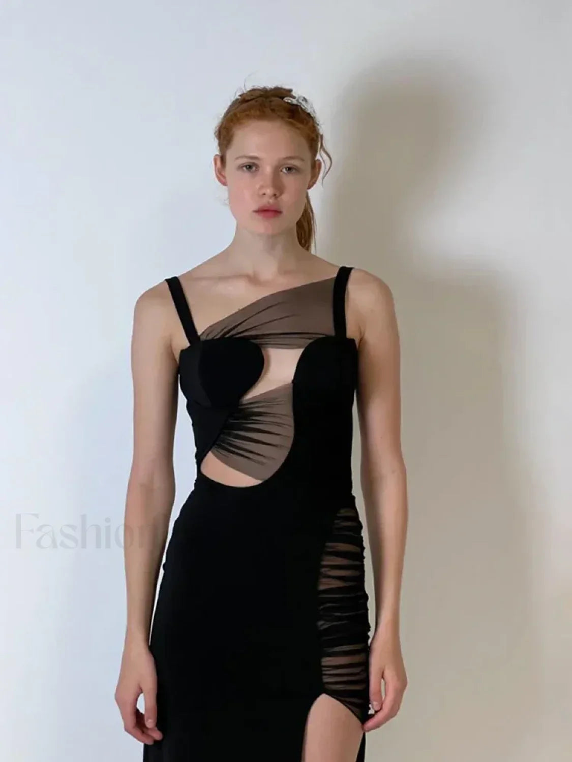 Black Mesh Hollow V-Neck Maxi Dress