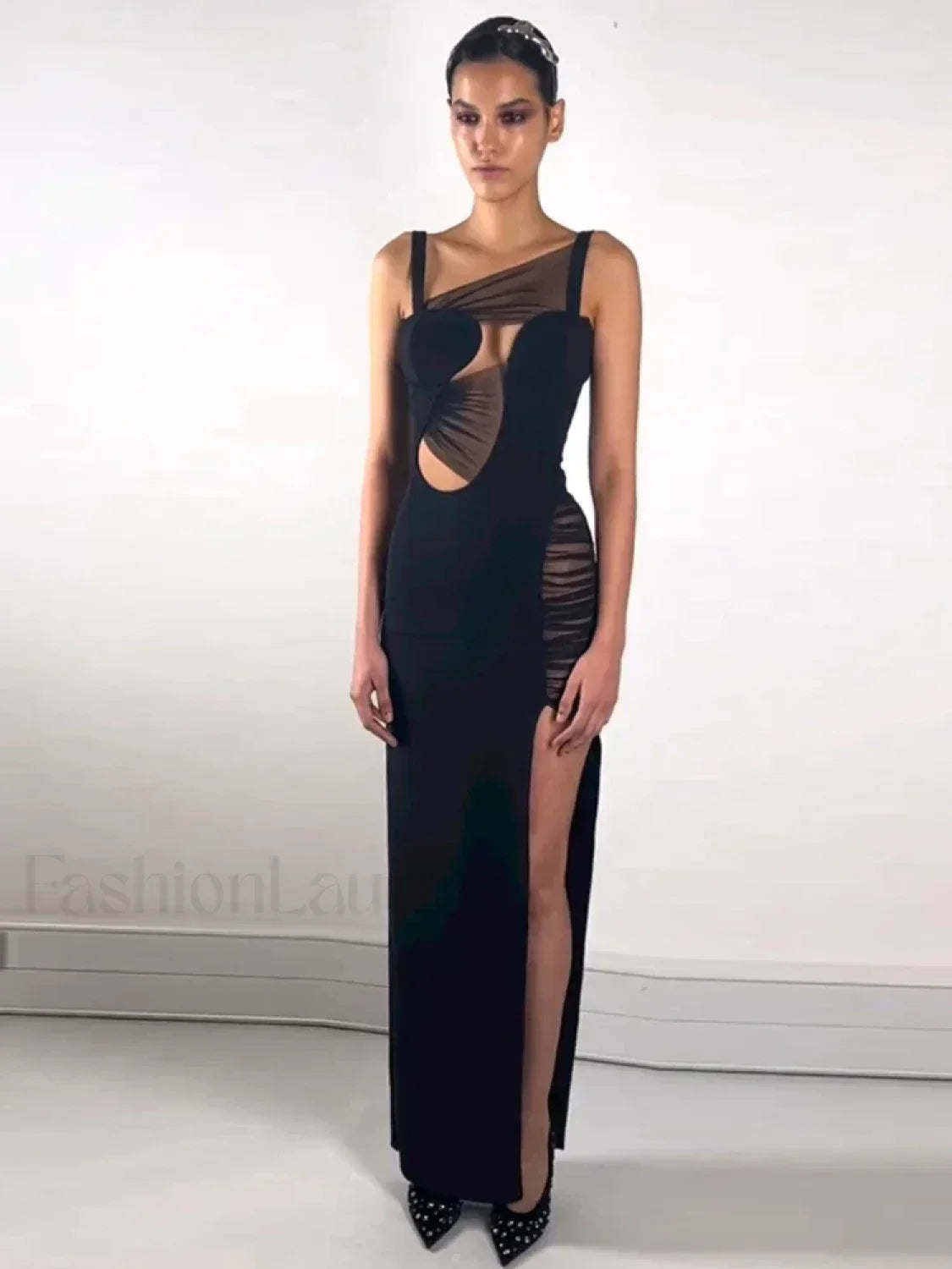Black Mesh Hollow V-Neck Maxi Dress