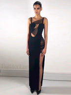 Black Mesh Hollow V-Neck Maxi Dress