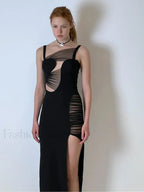 Black Mesh Hollow V-Neck Maxi Dress