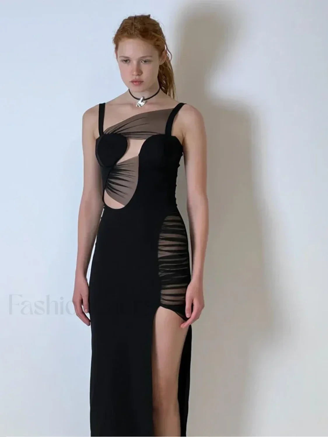 Black Mesh Hollow V-Neck Maxi Dress
