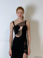 Black Mesh Hollow V-Neck Maxi Dress